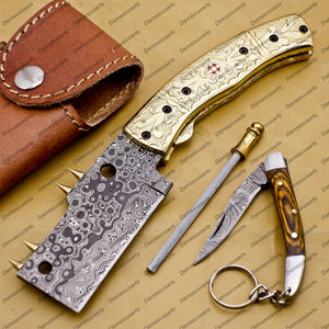 Personalizable Custom Hand Made Damascus Steel Folding Pocket Knife Hunting knife with Brass Handle with Leather Sheeth