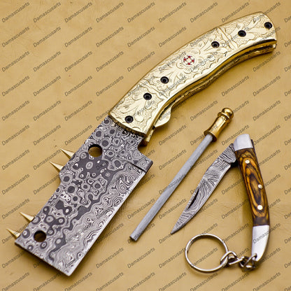 Personalizable Custom Hand Made Damascus Steel Folding Pocket Knife Hunting knife with Brass Handle with Leather Sheeth