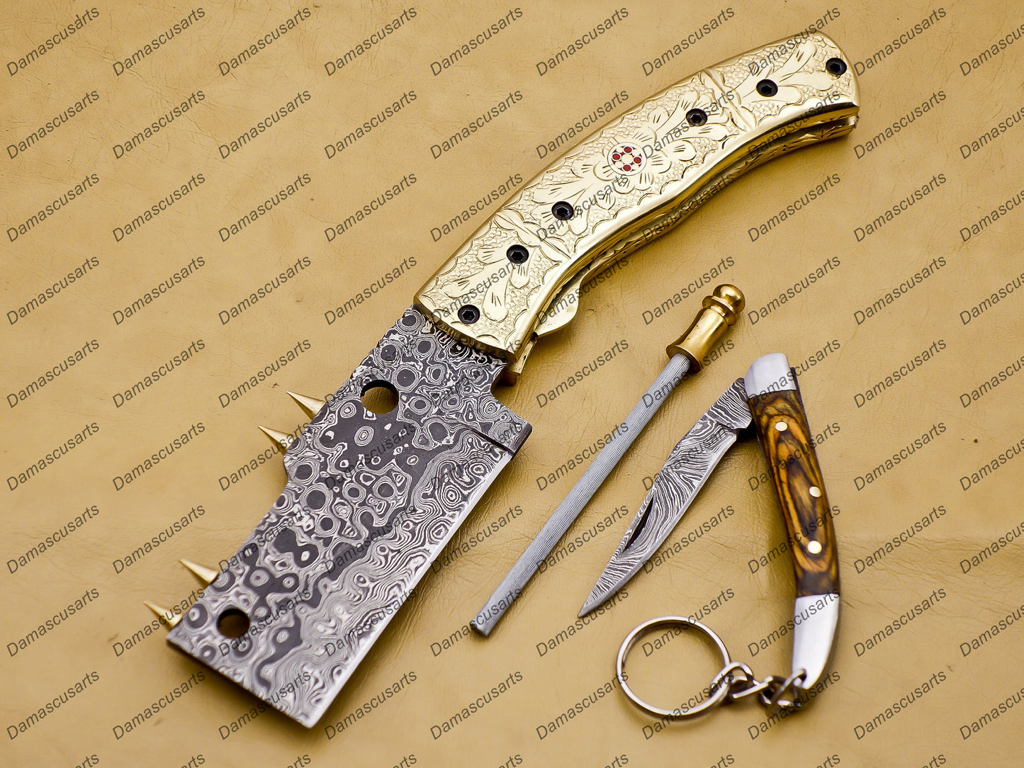 Personalizable Custom Hand Made Damascus Steel Folding Pocket Knife Hunting knife with Brass Handle with Leather Sheeth