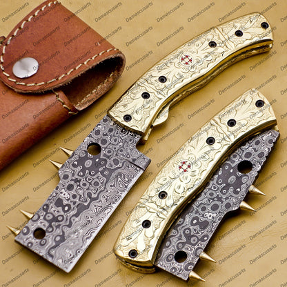 Personalizable Custom Hand Made Damascus Steel Folding Pocket Knife Hunting knife with Brass Handle with Leather Sheeth