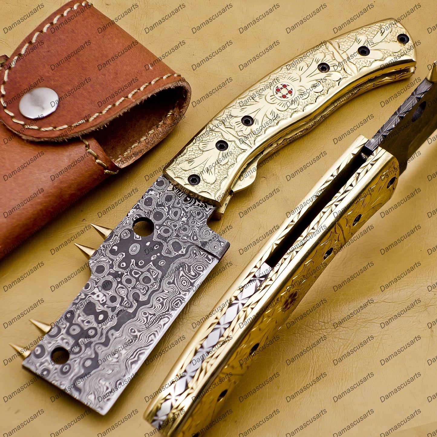 Personalizable Custom Hand Made Damascus Steel Folding Pocket Knife Hunting knife with Brass Handle with Leather Sheeth