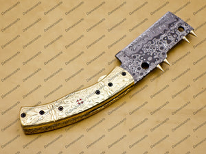 Personalizable Custom Hand Made Damascus Steel Folding Pocket Knife Hunting knife with Brass Handle with Leather Sheeth