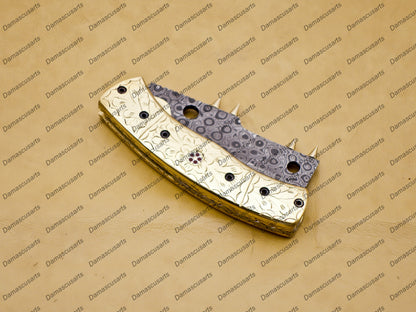 Personalizable Custom Hand Made Damascus Steel Folding Pocket Knife Hunting knife with Brass Handle with Leather Sheeth