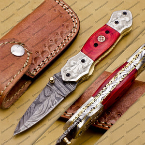 Personalizable Custom Hand Made Damascus Steel Folding Pocket Knife With Free Damascus Keychain knife Handle Olive Wood with Leather Sheeth