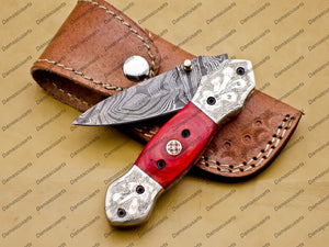 Personalizable Custom Hand Made Damascus Steel Folding Pocket Knife With Free Damascus Keychain knife Handle Olive Wood with Leather Sheeth