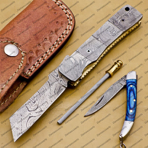 Custom Damascus Steel Folding Pocket Knife Handle Damascus with Free Damascus Keychain knife with Leather Sheeth