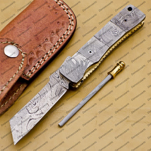 Custom Damascus Steel Folding Pocket Knife Handle Damascus with Free Damascus Keychain knife with Leather Sheeth