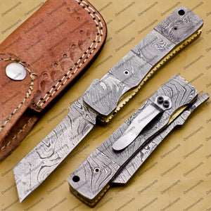 Custom Damascus Steel Folding Pocket Knife Handle Damascus with Free Damascus Keychain knife with Leather Sheeth