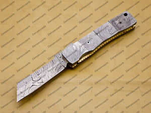 Custom Damascus Steel Folding Pocket Knife Handle Damascus with Free Damascus Keychain knife with Leather Sheeth