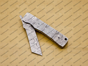 Custom Damascus Steel Folding Pocket Knife Handle Damascus with Free Damascus Keychain knife with Leather Sheeth