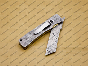 Custom Damascus Steel Folding Pocket Knife Handle Damascus with Free Damascus Keychain knife with Leather Sheeth