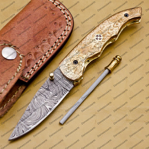 Damascus Folding Hunter Pocket Knife Custom Forged Damascus Steel Bowie Knife Handle Copper Metal With Leather Sheath