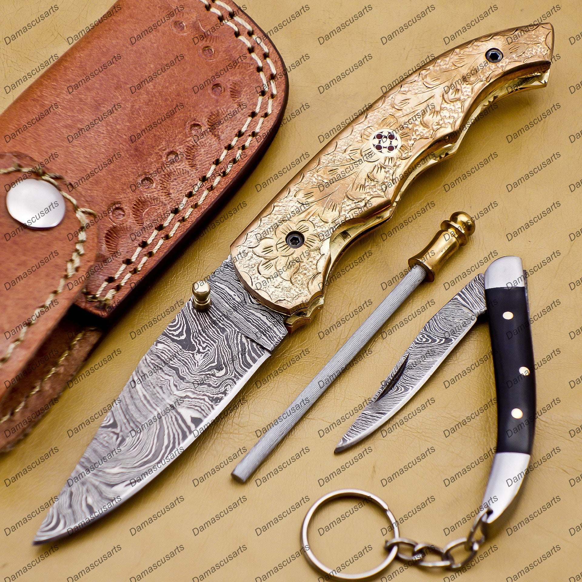 Damascus Folding Hunter Pocket Knife Custom Forged Damascus Steel Bowie Knife Handle Copper Metal With Leather Sheath