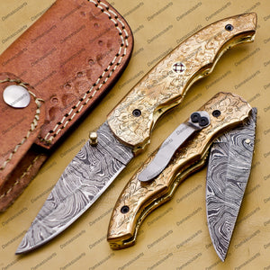 Damascus Folding Hunter Pocket Knife Custom Forged Damascus Steel Bowie Knife Handle Copper Metal With Leather Sheath