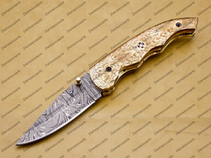 Damascus Folding Hunter Pocket Knife Custom Forged Damascus Steel Bowie Knife Handle Copper Metal With Leather Sheath