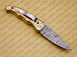 Damascus Folding Hunter Pocket Knife Custom Forged Damascus Steel Bowie Knife Handle Copper Metal With Leather Sheath