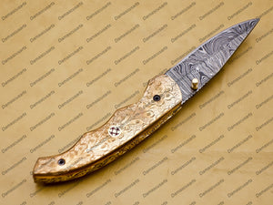 Damascus Folding Hunter Pocket Knife Custom Forged Damascus Steel Bowie Knife Handle Copper Metal With Leather Sheath