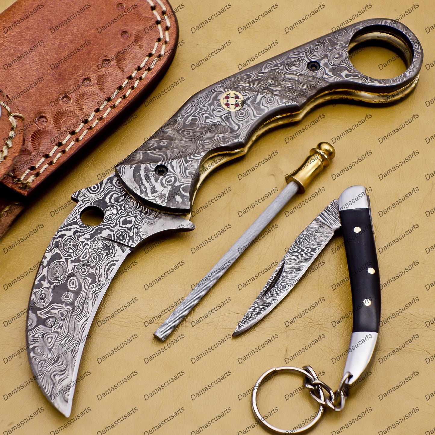 Personalizable Custom Hand Made Damascus Steel Folding Pocket Karambit Knife Beautiful Handle Damascus with Leather Cover