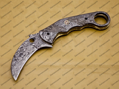 Personalizable Custom Hand Made Damascus Steel Folding Pocket Karambit Knife Beautiful Handle Damascus with Leather Cover