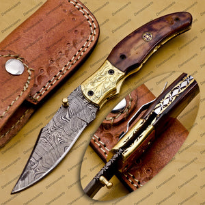 Personalized Custom Damascus Steel Folding Pocket Knife with Free Damascus Keychain Handle Bone with Leather Sheeth