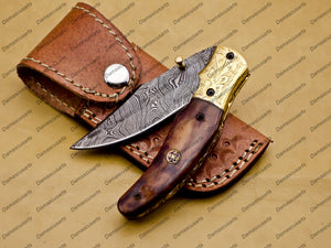 Personalized Custom Damascus Steel Folding Pocket Knife with Free Damascus Keychain Handle Bone with Leather Sheeth