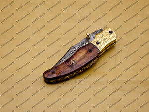 Personalized Custom Damascus Steel Folding Pocket Knife with Free Damascus Keychain Handle Bone with Leather Sheeth