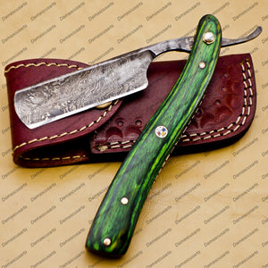 Personalized Damascus Folding Pocket Custom Blade Straight Razor very sharp with leather sheath