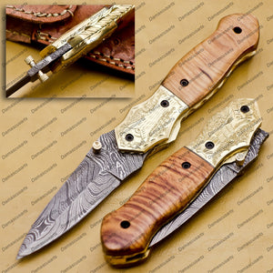 Personalized Custom Damascus Steel Folding Pocket Knife with Handle Kowa Wood with Leather Sheath