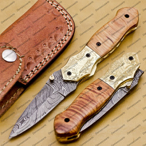 Personalized Custom Damascus Steel Folding Pocket Knife with Handle Kowa Wood with Leather Sheath