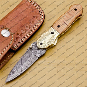 Personalized Custom Damascus Steel Folding Pocket Knife with Handle Kowa Wood with Leather Sheath