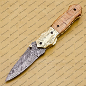 Personalized Custom Damascus Steel Folding Pocket Knife with Handle Kowa Wood with Leather Sheath