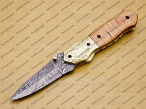 Personalized Custom Damascus Steel Folding Pocket Knife with Handle Kowa Wood with Leather Sheath