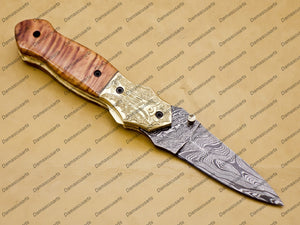 Personalized Custom Damascus Steel Folding Pocket Knife with Handle Kowa Wood with Leather Sheath