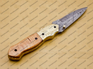 Personalized Custom Damascus Steel Folding Pocket Knife with Handle Kowa Wood with Leather Sheath