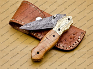 Personalized Custom Damascus Steel Folding Pocket Knife with Handle Kowa Wood with Leather Sheath