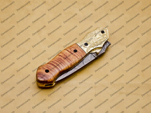 Personalized Custom Damascus Steel Folding Pocket Knife with Handle Kowa Wood with Leather Sheath