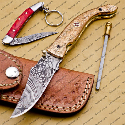 Damascus Folding Pocket knife Hunting knife 100% Damascus Steel Handle Copper with leather Sheath