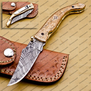 Damascus Folding Pocket knife Hunting knife 100% Damascus Steel Handle Copper with leather Sheath