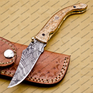 Damascus Folding Pocket knife Hunting knife 100% Damascus Steel Handle Copper with leather Sheath