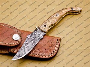 Damascus Folding Pocket knife Hunting knife 100% Damascus Steel Handle Copper with leather Sheath