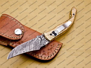 Damascus Folding Pocket knife Hunting knife 100% Damascus Steel Handle Copper with leather Sheath