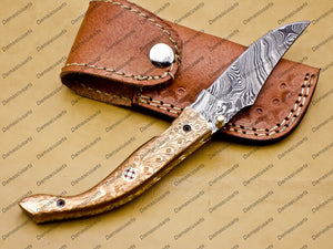 Damascus Folding Pocket knife Hunting knife 100% Damascus Steel Handle Copper with leather Sheath