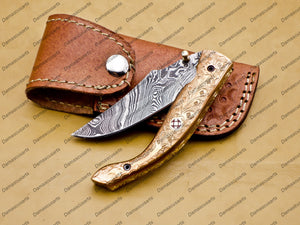 Damascus Folding Pocket knife Hunting knife 100% Damascus Steel Handle Copper with leather Sheath