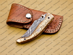 Damascus Folding Pocket knife Hunting knife 100% Damascus Steel Handle Copper with leather Sheath