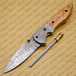 Personalized Custom Damascus Steel Folding Pocket Knife With Free Damascus Keychain Handle Kowa Wood with Leather Sheeth