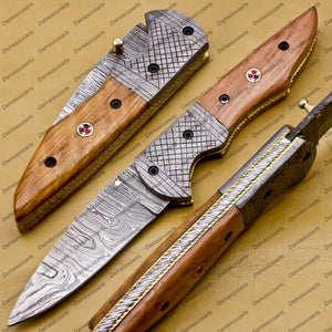 Personalized Custom Damascus Steel Folding Pocket Knife With Free Damascus Keychain Handle Kowa Wood with Leather Sheeth