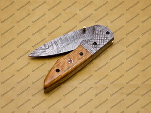 Personalized Custom Damascus Steel Folding Pocket Knife With Free Damascus Keychain Handle Kowa Wood with Leather Sheeth