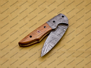 Personalized Custom Damascus Steel Folding Pocket Knife With Free Damascus Keychain Handle Kowa Wood with Leather Sheeth