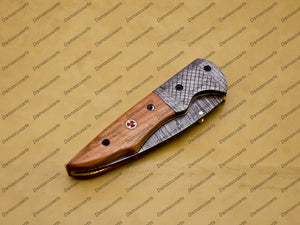 Personalized Custom Damascus Steel Folding Pocket Knife With Free Damascus Keychain Handle Kowa Wood with Leather Sheeth