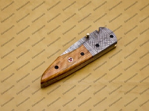 Personalized Custom Damascus Steel Folding Pocket Knife With Free Damascus Keychain Handle Kowa Wood with Leather Sheeth